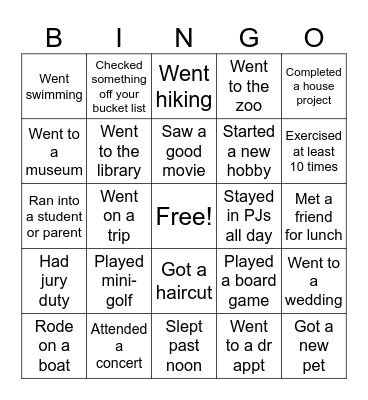 Summer Break BINGO Card