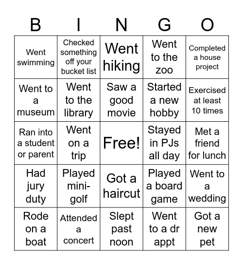 Summer Break BINGO Card