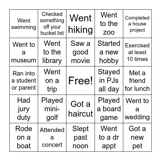 Summer Break BINGO Card