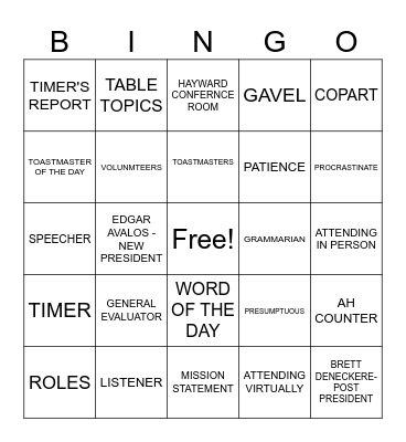TOASTMASTERS BINGO Card