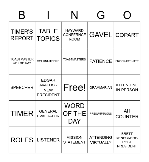 TOASTMASTERS BINGO Card