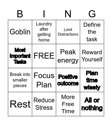 Time Management Bingo Card