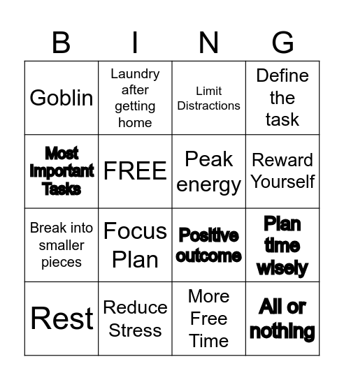 Time Management Bingo Card