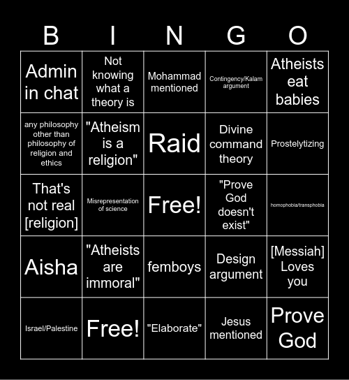 Atheism Discord Bingo Card