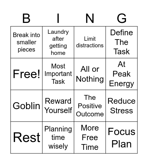 Time Management   Task Initiation Bingo Card