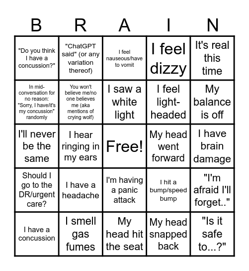 Julian's "Brain Injury" Bingo Card