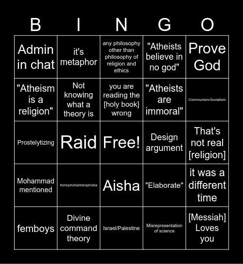 Atheism Discord Bingo Card