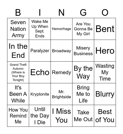 2000's Rock Bingo Card