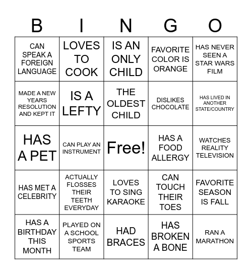 Team Building Bingo Card