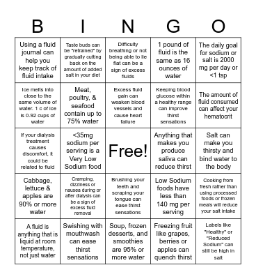 Sodium & Fluid Bingo Card