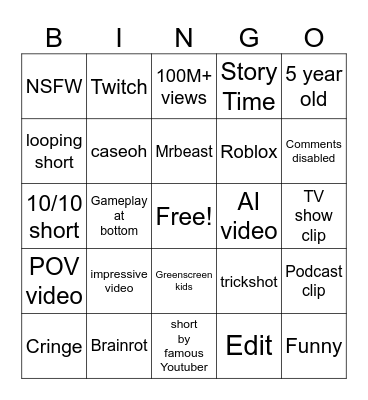 Youtube Shorts Bingo Card