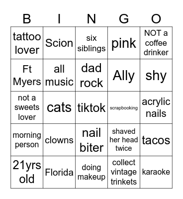Ally BINGO! Bingo Card