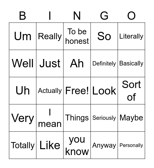 Filler Word Bingo Card