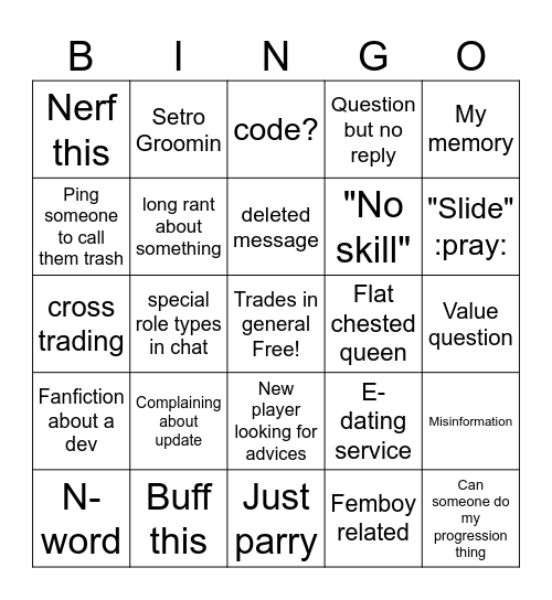 Type soul general chat Bingo Card