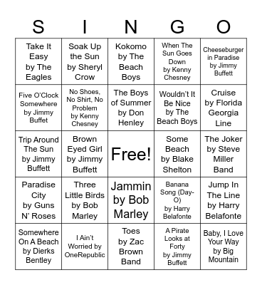 Beach Songs Bingo Card