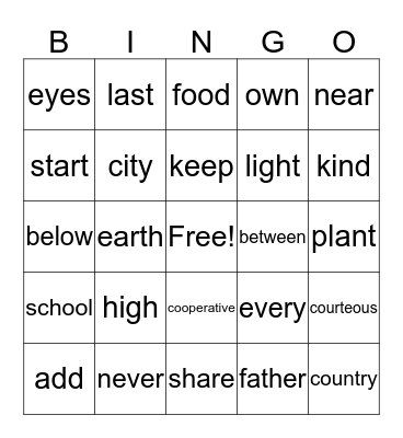No Excuse and Vocabulary Words Bingo Card