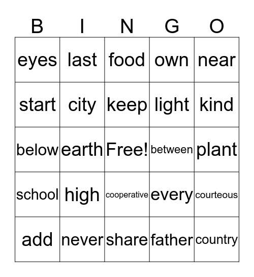 No Excuse and Vocabulary Words Bingo Card