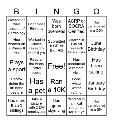 CLASP IIF Research Coordinator Bingo Card