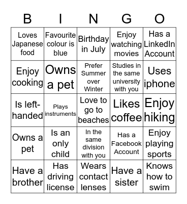 Know Your Colleagues Bingo Card