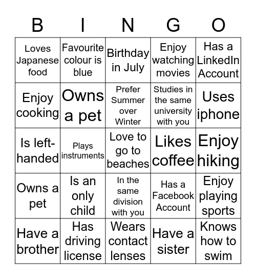 Know Your Colleagues Bingo Card