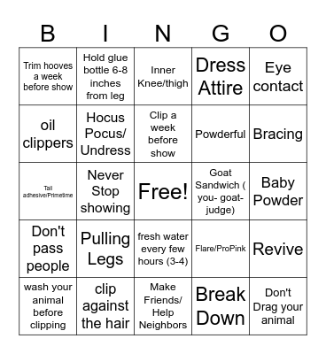 Fitting and Showmanship Bingo Card