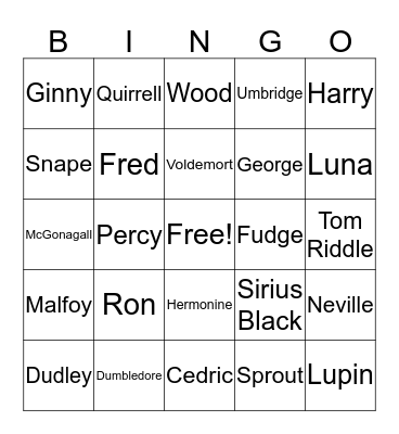 Harry Potter Bingo Card