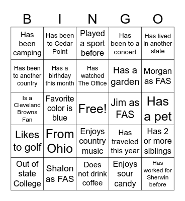 New Hire Bingo Card