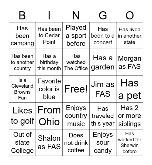 New Hire Bingo Card