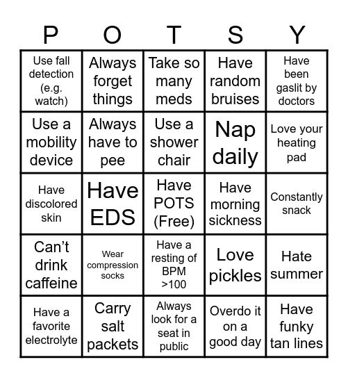 You Know You Have POTS When You . . . Bingo Card