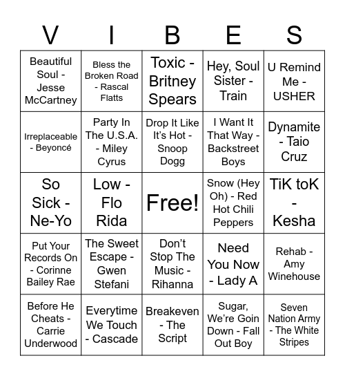 2000s Hits Bingo Card