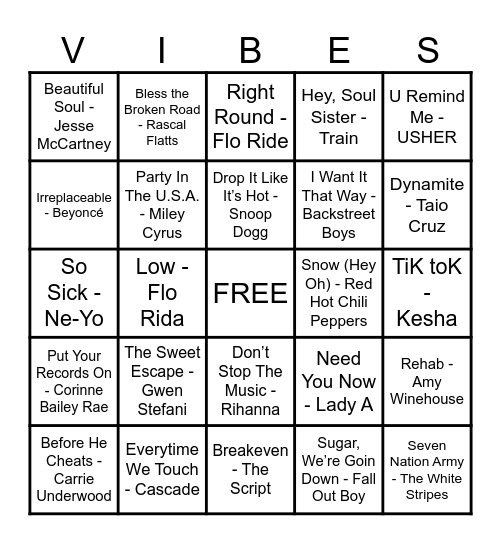 2000s Music Bingo Card
