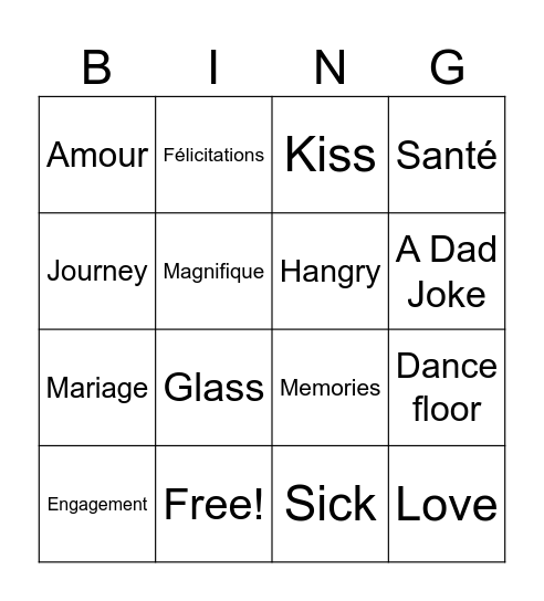 Wedding Speach Bing Bingo Card