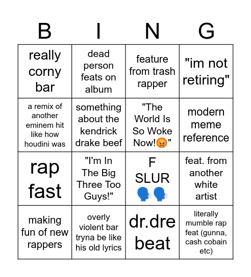 the death of slim shady Bingo Card