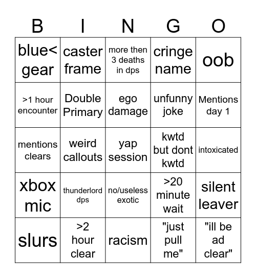 Destiny 2 lfg Bingo Card