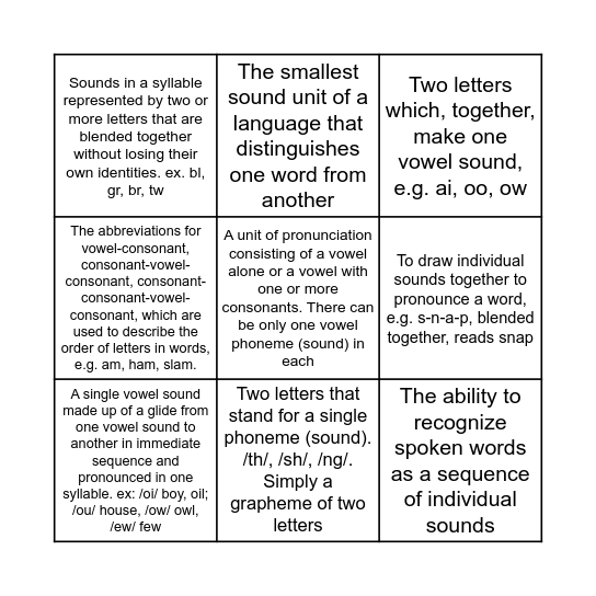 Phonics Vocabulary Bingo Card