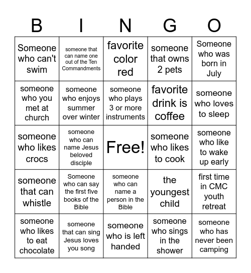 CMC Youth Camp 2024 Bingo Card