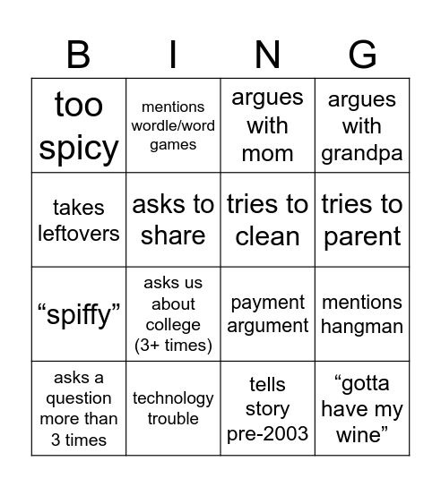 grandma bingo Card