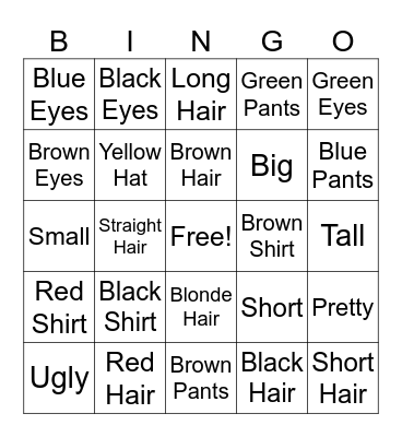 Descriptor Words Bingo Card