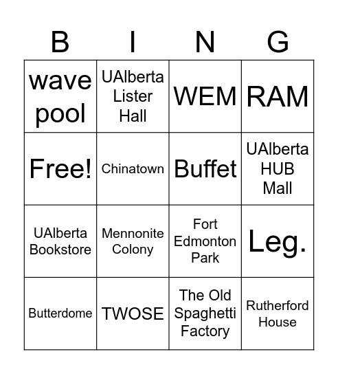 Grade 6 Edmonton Trip Bingo Card