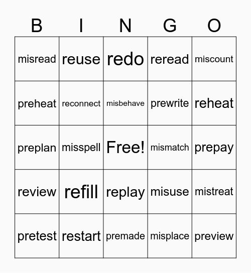 PREFIX BINGO! re, mis, pre Bingo Card