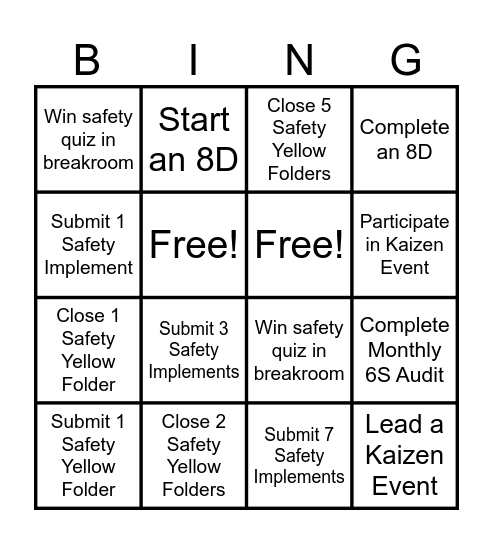 Safety Bingo Card