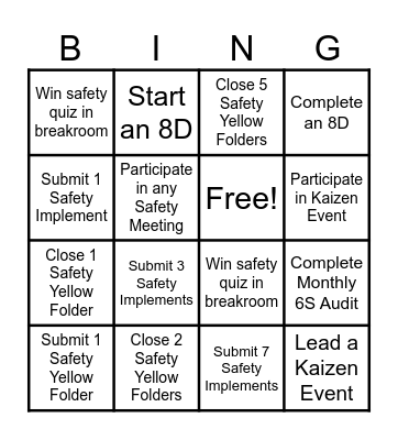 Safety Bingo Card