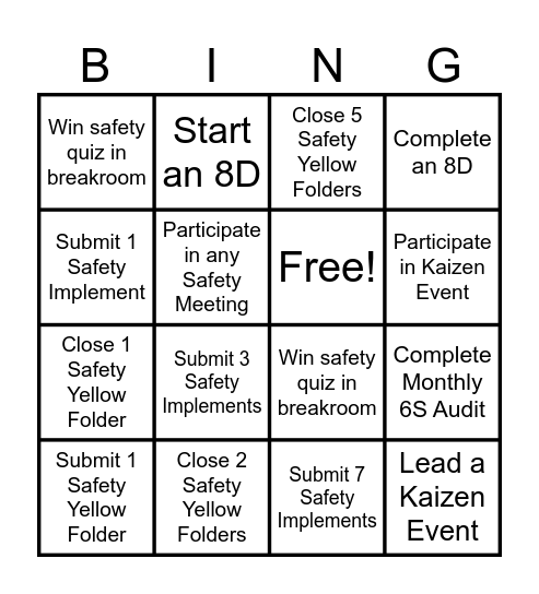 Safety Bingo Card