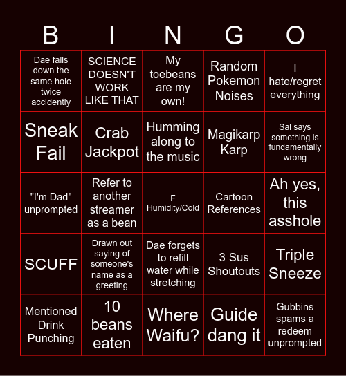 Dae Stream Bingo Card