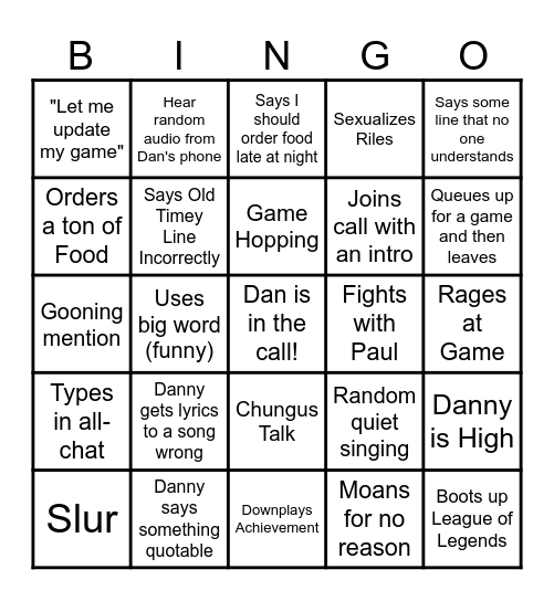 Dan Bingo Card