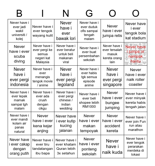 Never have i ever Malaysia Bingo Card