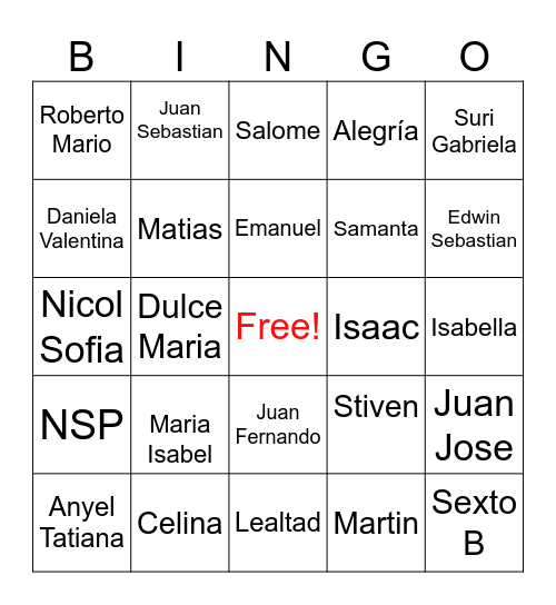 BINGO SEXTO B Bingo Card