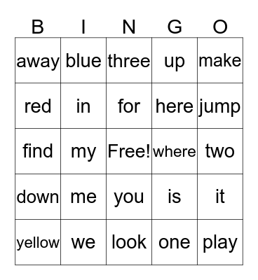 Sight Words Primer Bingo Card
