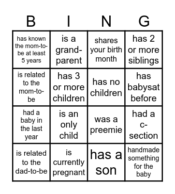 Baby Shower Bingo Card