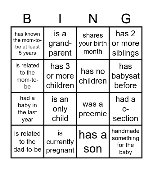 Baby Shower Bingo Card